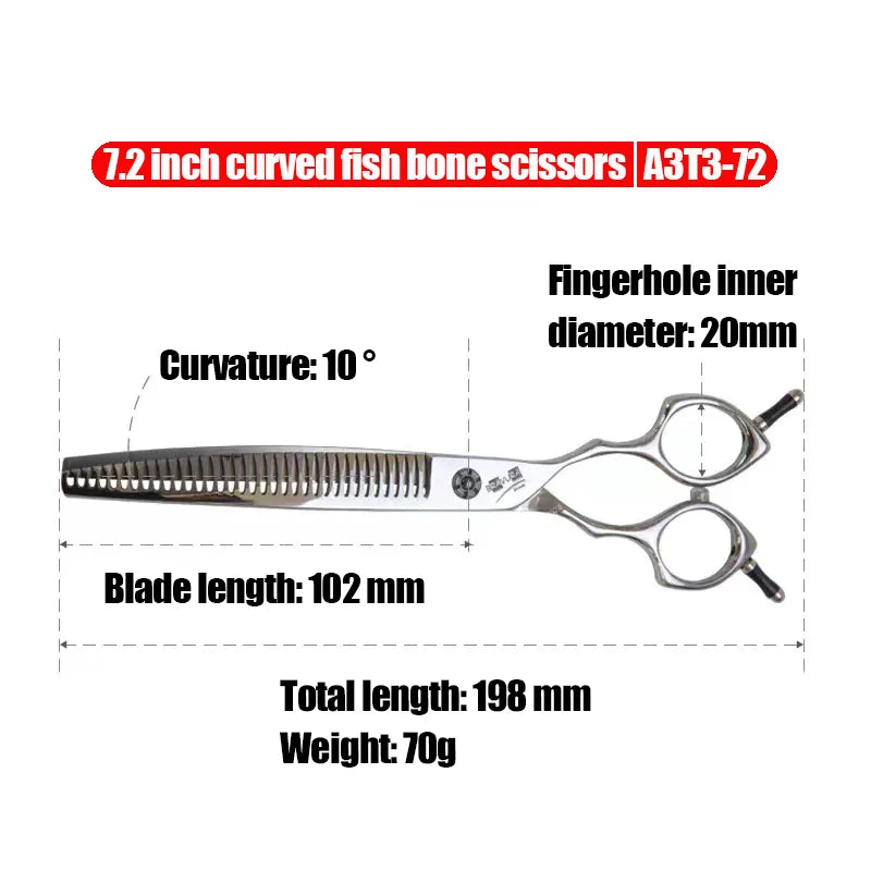 Curved Fish Bone Scissors for Pets A3T3-72 Pet Grooming Clippers with Soft Touch Handle Stainless Steel Pet Care Tools